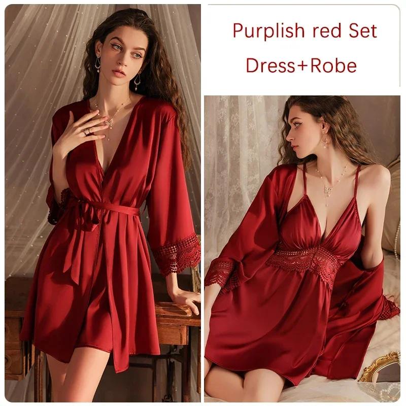 Women's Pajama Robe Set Women's Spaghetti Strap Dress with Bra Cup Women's Pajamas Romantic