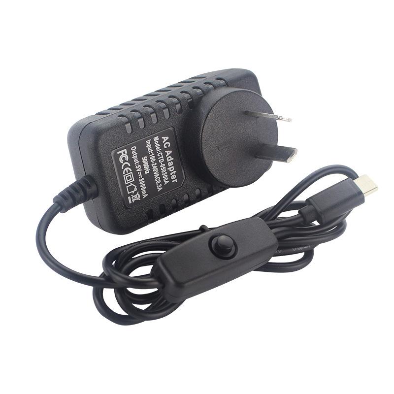 Universal Raspberry Pi 4B Power Supply 5V 3A with Switch, 1m Cord