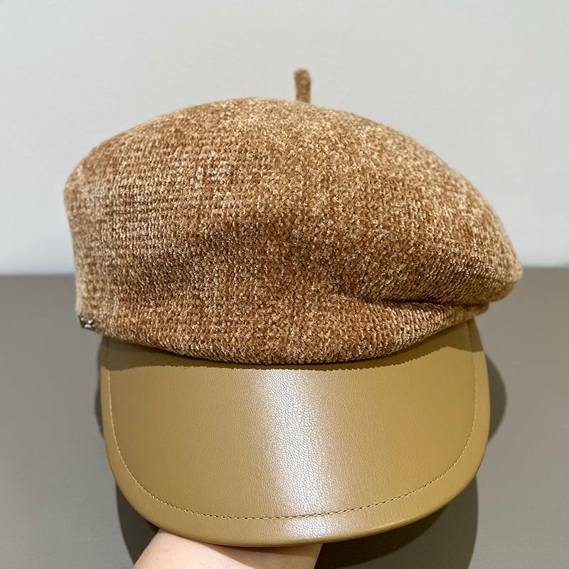 Snowy Neil Beanie Newsboy Hat Women'S Korean-Style Vintage Retro Multi-Purpose Leather Hat Brim