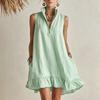 Damen ärmellos Halb-Reißverschluss Stehkragen Leinen Mini-Kleid Lockerer Schnitt Seitentaschen Rüsche Unregelmäßiger Saum Lässig Sommer Strand Urlaub Kurzes Kleid