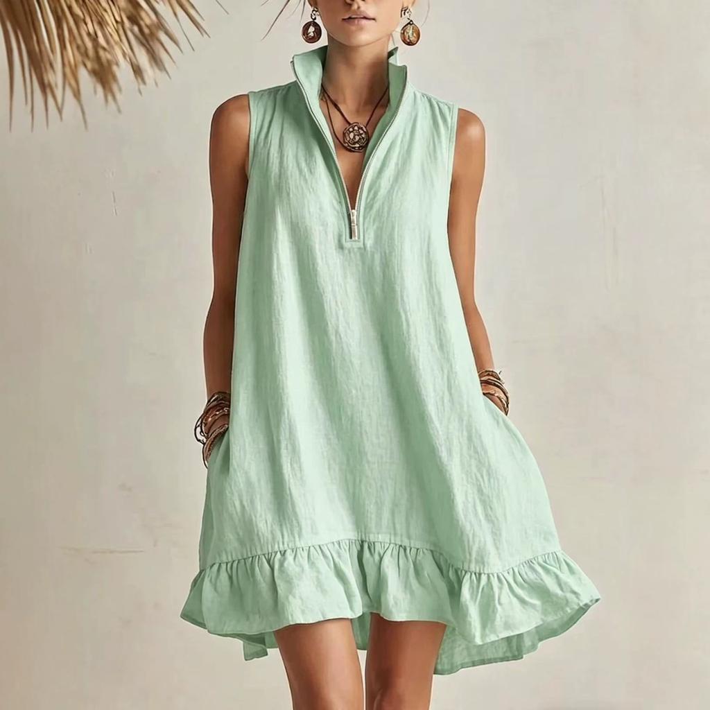 Damen ärmellos Halb-Reißverschluss Stehkragen Leinen Mini-Kleid Lockerer Schnitt Seitentaschen Rüsche Unregelmäßiger Saum Lässig Sommer Strand Urlaub Kurzes Kleid