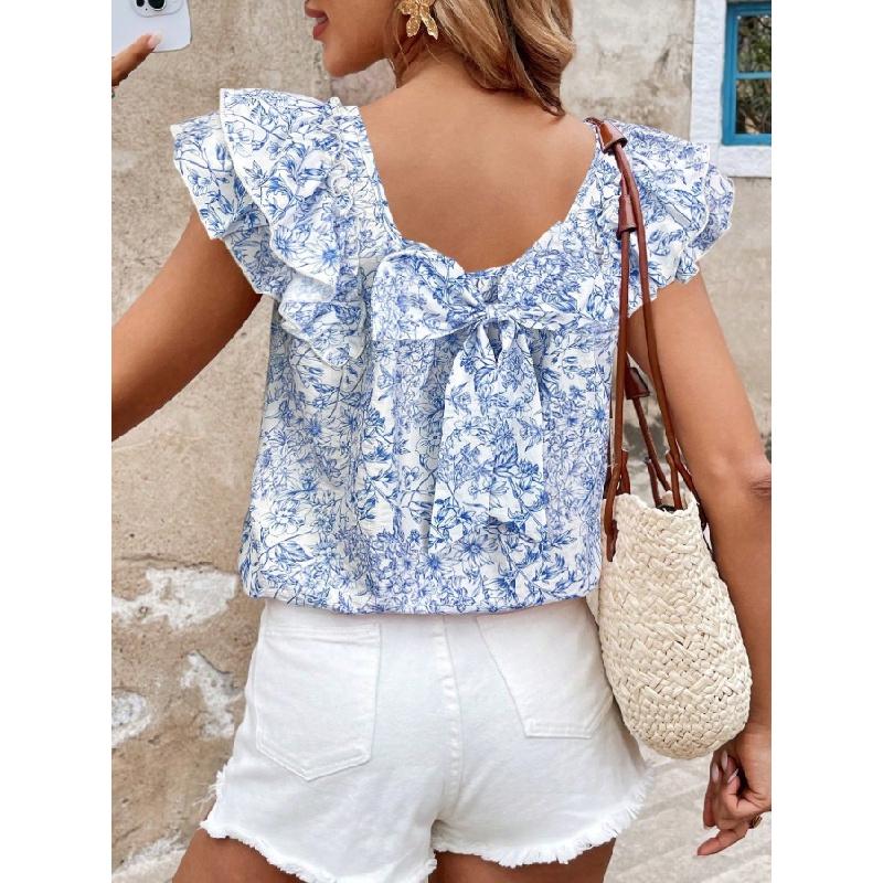 2026 Women's Printed Summer Fashion Casual Top with Back Bow and Double-Layer Pleats Short Sleeves
