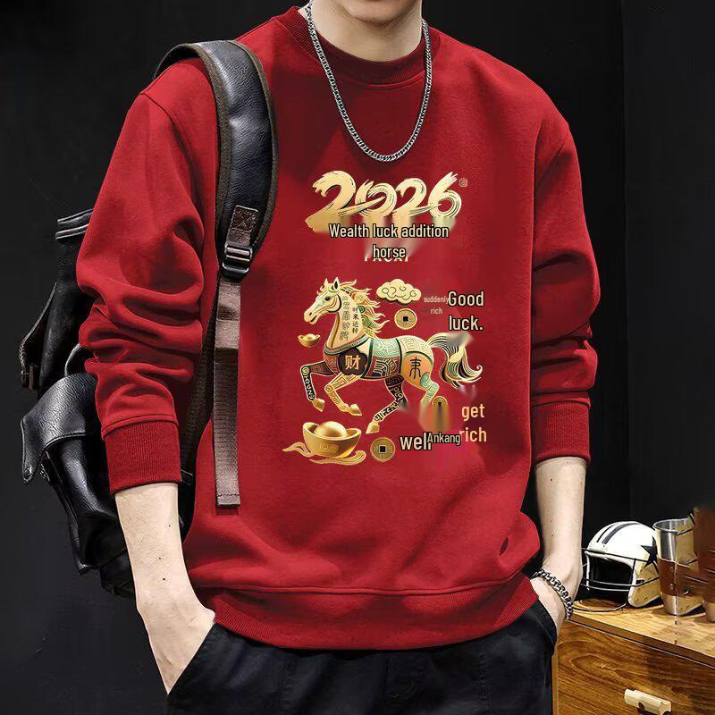 Men s Trendy Year of the Rat Velvet Pullover Hoodie - Festive Red Round Neck for New Year Visits 3XL