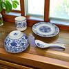 Retro Blue & White Porcelain Tableware Set: Tea Cup, Rice Bowl, Plate, Soup Spoon