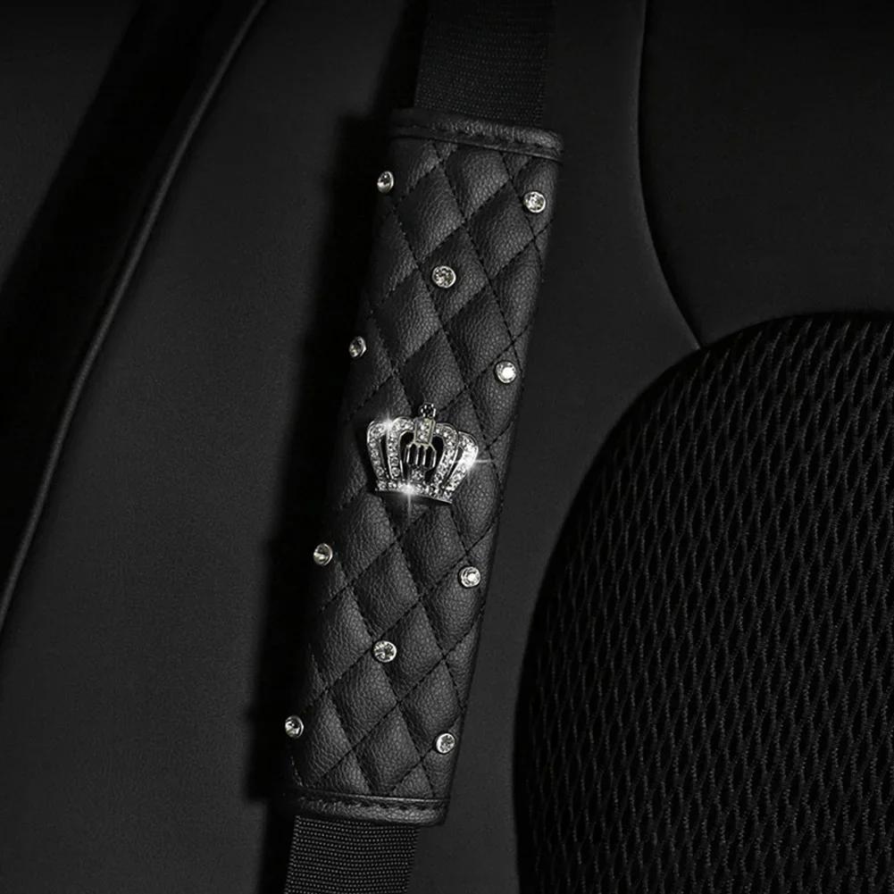 Crown Crystal Car Seat Belt Cover Rhinestones Leather Seat Belt Shoulder Pad Diamond Shifter Gear Cover Hand Brake Covers Sets