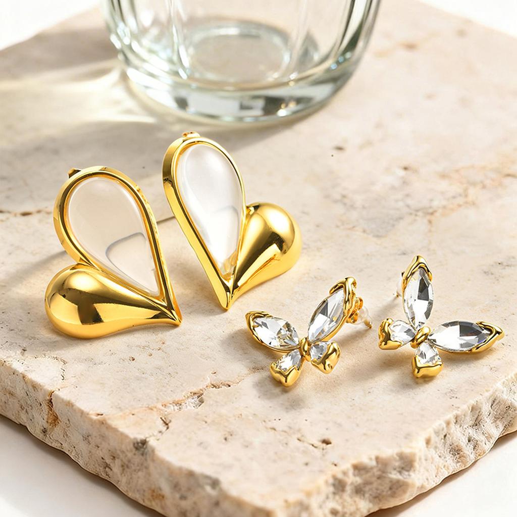 Vnox Trendy Butterfly Zirconia Stud Earrings for Women Stainless Steel Gold Plated Heart Earrings Hypoallergenic Ear Jewelry