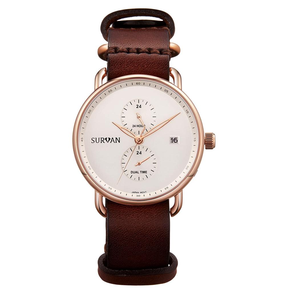 SURVAN Herren-Analog-Quarz-Uhr Weißes Zifferblatt Kastanienbraunes Echtes Lederarmband Saphirglas 50M Wasserdicht