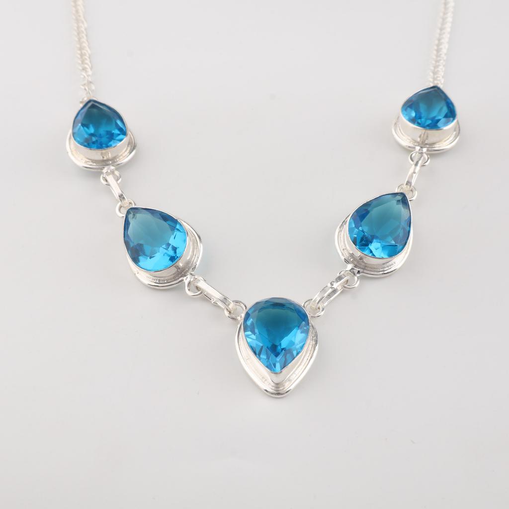 Swiss Blue Topaz Gemstone Silver Necklace 925 Sterling Handmade Jewelry Christmas Gifts RN-1-4
