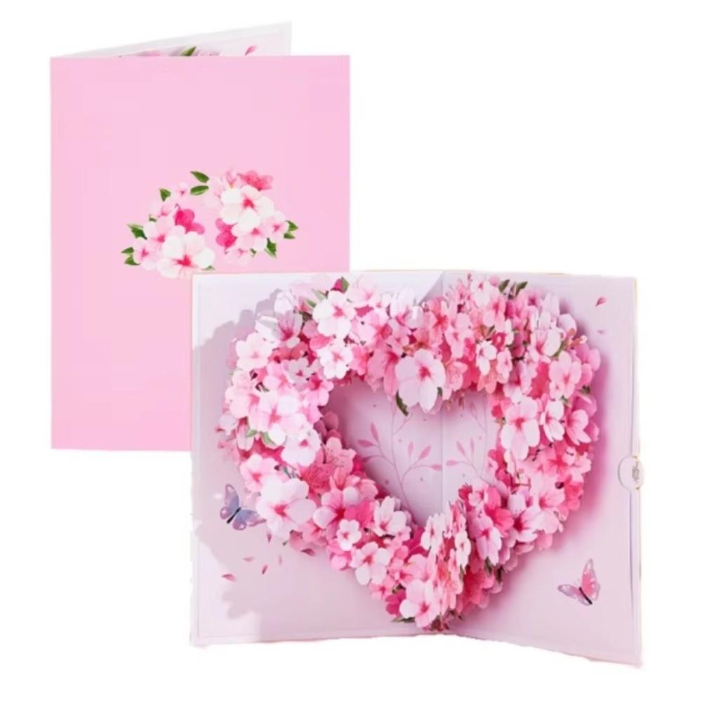 Romantic Theme 3D Pop Up Card Heart Shape Handmade Craft Butterfly Heart Card Pop-Up Mechanism Cherry Blossom Card