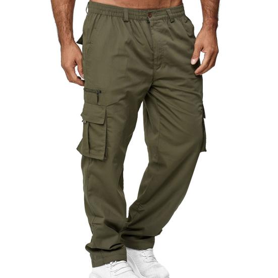 Men Pants Solid Color Multi Pockets Straight Mid Waist Cargo Pants for Daily Wear