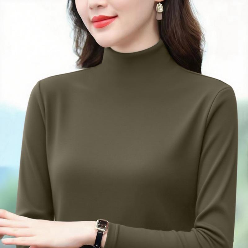 Women S Slim Fit Solid Color Half High Neck Long Sleeve T Shirt Plus Size