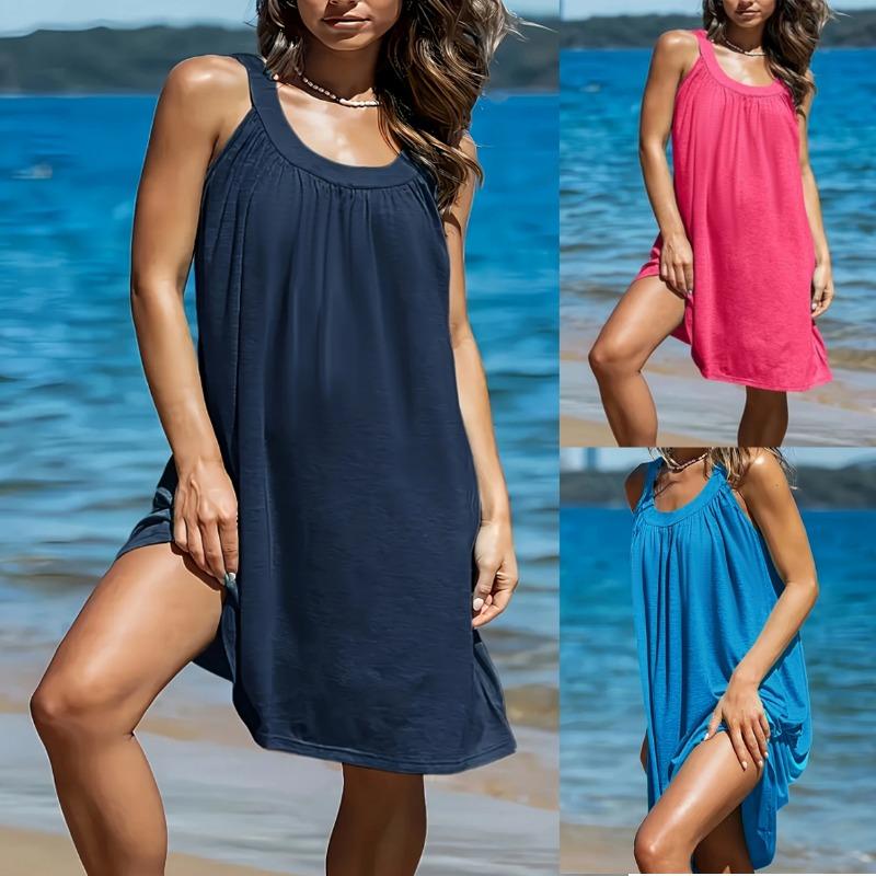 Damen ärmelloses einfarbiges Spaghettiträger-Casual-Kleid für den Strandurlaub, mittellang