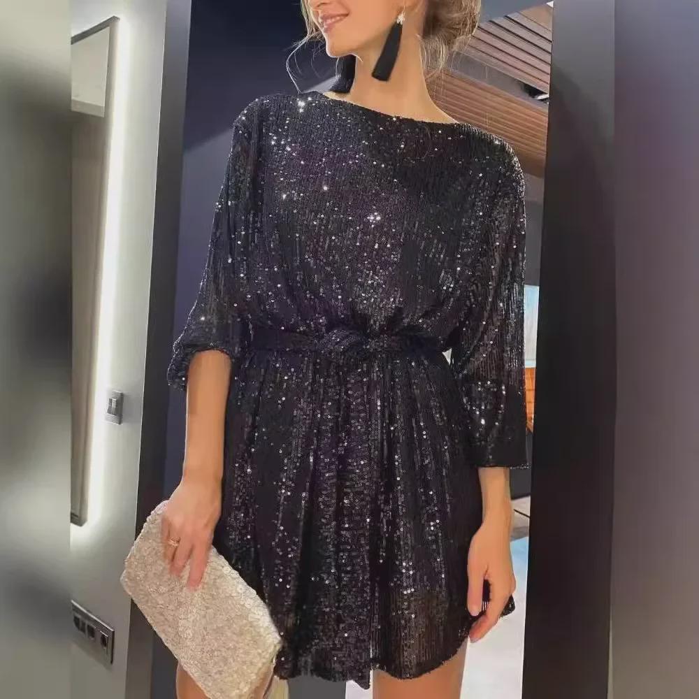 "Vestido de Lentejuelas Brillantes para Fiesta de Vacaciones Europea y Americana 2025"