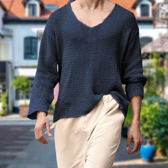 Men Sweater V Neck Easy To Match Breathable Elastic Comfortable Knit Long Sleeves Loose Pullover Fall Sweater Men Clothes