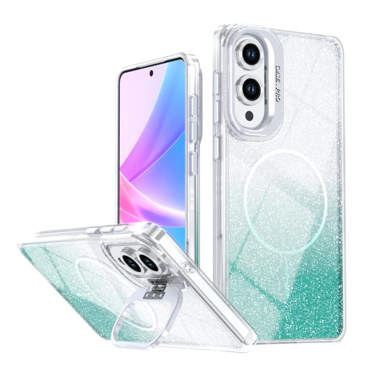 Glitter Gradient Magnetic Phone Case For Samsung Galaxy S25+ / S24+ 5G, Lens Frame Kickstand Wireless Charging Protective Cover