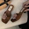 Fashion Elegant Flower Decoration Low Heel Slippers Women Fashion Square Toe Strange Style Design Slide Sandals Sexy Open Toe Beach Shoe