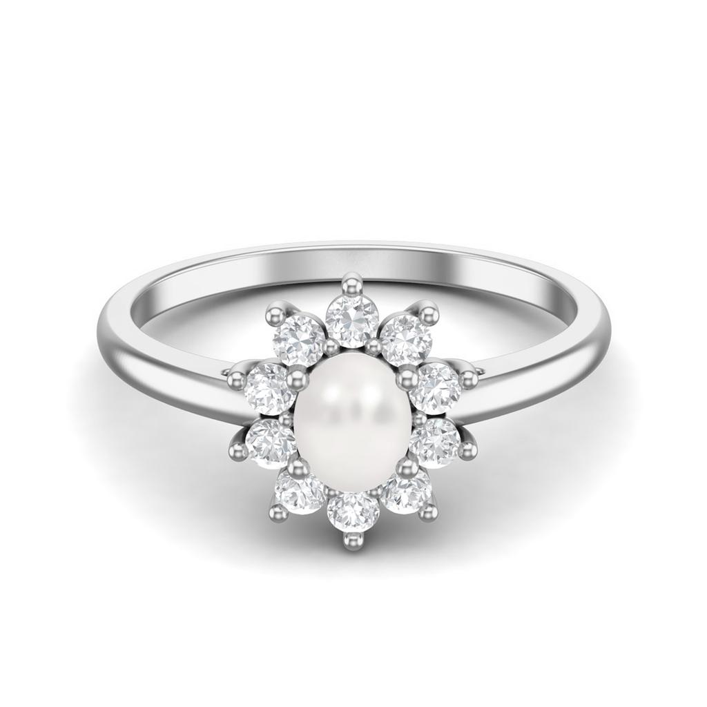 0,45 Karat Ovaler Perlen 925 Sterling Silber Solitär Halo Verlobungsring für Damen