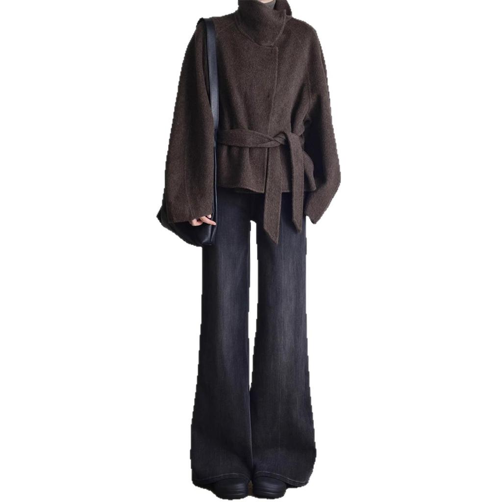 Women's Black-Grey High-Waisted Micro-Flare Jeans, Plus Size, Wide-Leg, Slimming, for Curvy Figures, Spring/Autumn 2025 Style