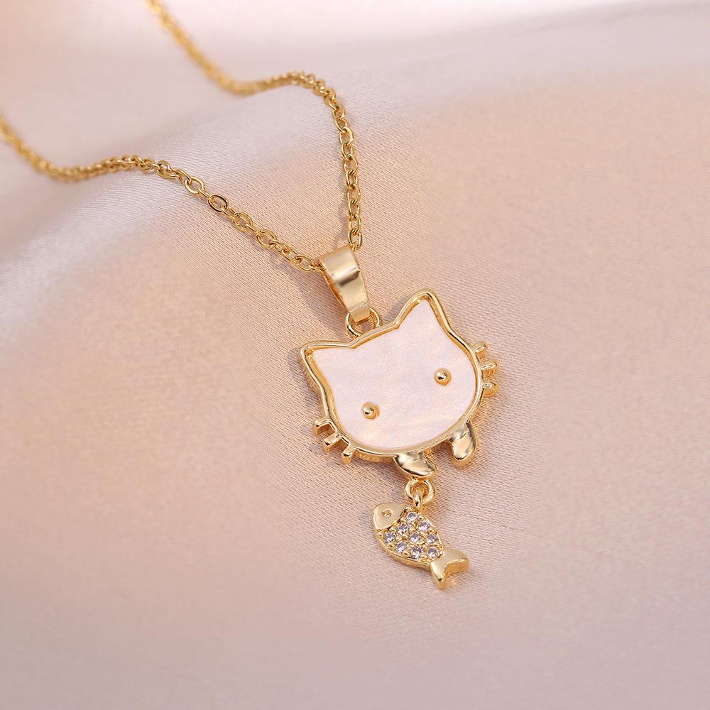Cartoon Cute Shell Zircon Kitten Fishing Pendant Necklaces for Women Stainless Steel Chain Cat Accessories Gifts for Friends