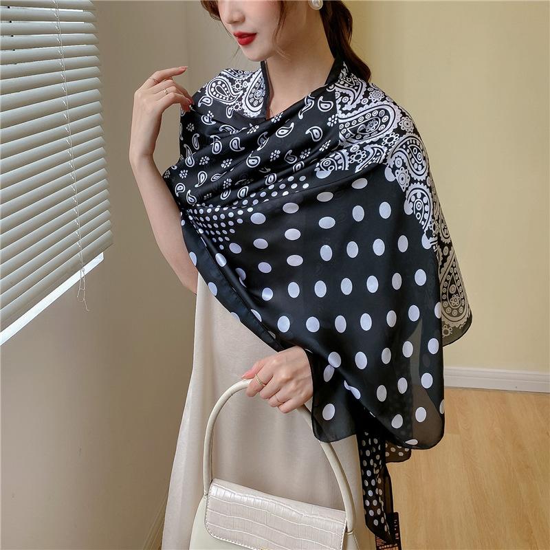 Retro cashew nut color matching black and white scarf autumn and winter new Korean version polka dot silk scarf scarf shawl thin travel scarf