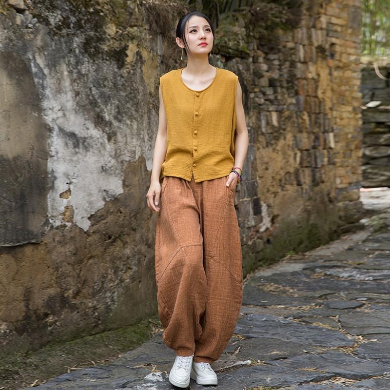 Johnature Women Vintage Bloomers Pants Elastic Waist Solid Color Spring Loose Cotton Ramie Women Patchwork Long Pants