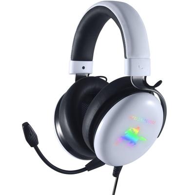 Căști Gaming HKW USB, Cupe din Spumă cu Memorie, Difuzoare 50mm, Microfon Detașabil, PC PS4 PS5 Xbox Nintendo Switch Căști LED Jack Audio Mobil Sunet Alb