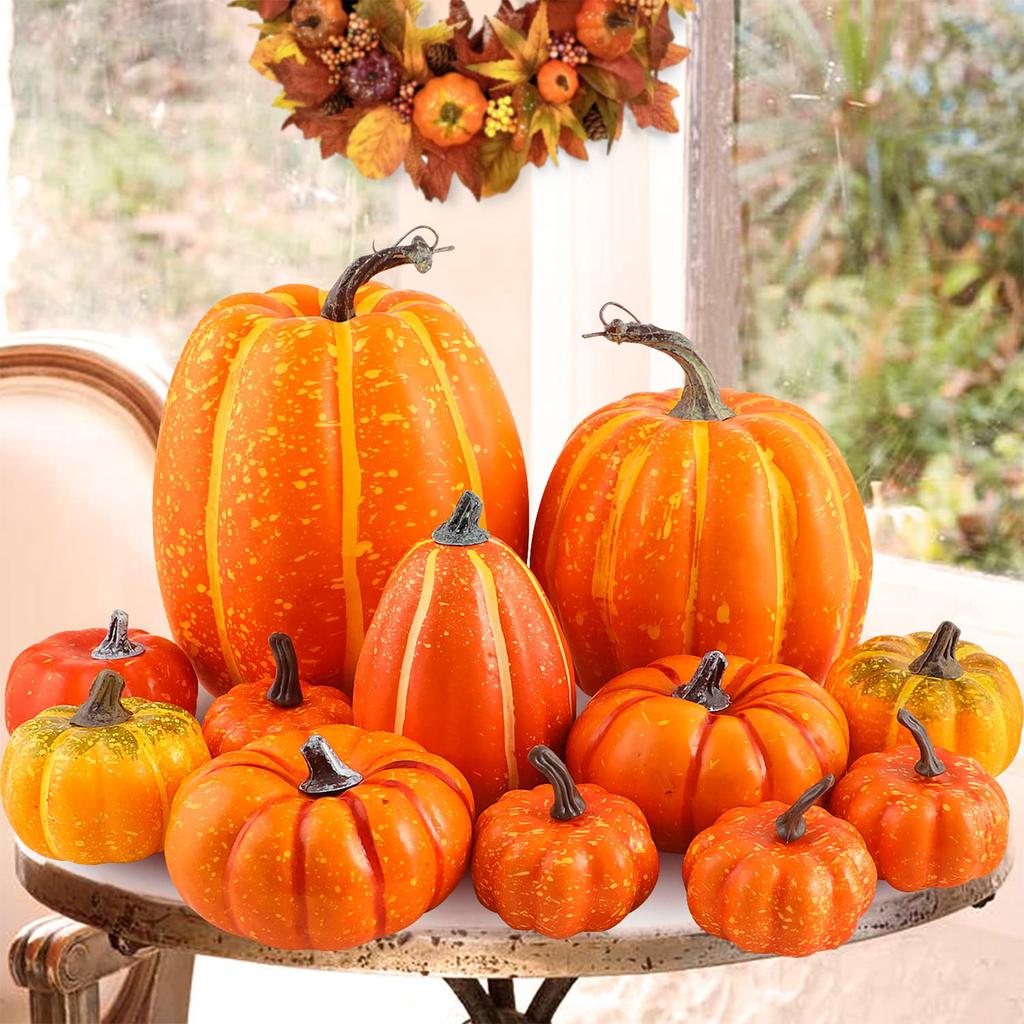 12pcs Artificial Pumpkins Set Party Decoration Simulation Props Assorted Large for Harvest Autumn Halloween Thanksgiving Fall