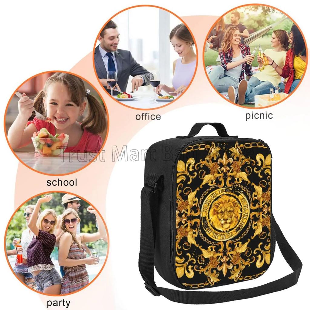 Golden Lion Baroque Insulated Lunch Bag for Men Women Portable Waterproof Cooler Thermal Bento Tote Bag for Work Picnic Beach