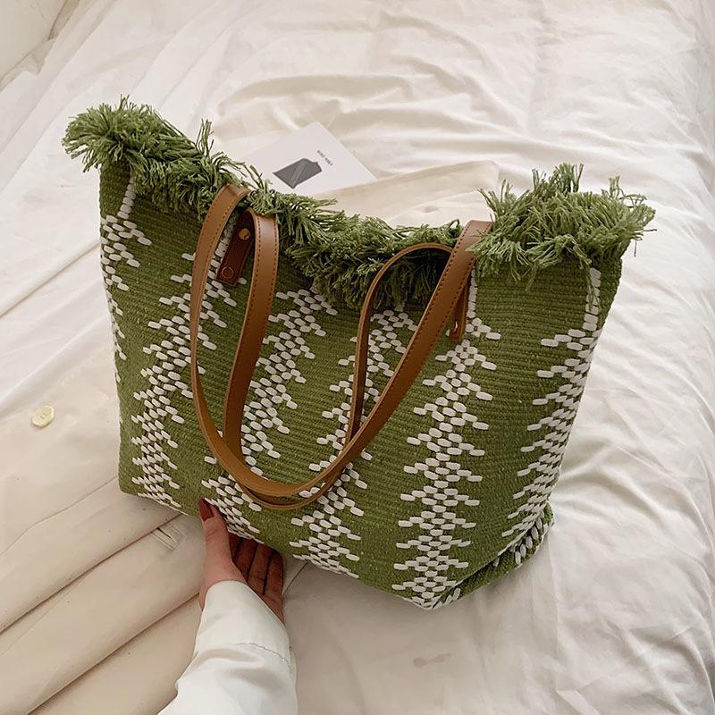 Women Grocery Tote Bag Fringe Large Capacity Canvas Handbag Beach Reusable Shop Bag Contrasting Color Travel Shoulder Bag