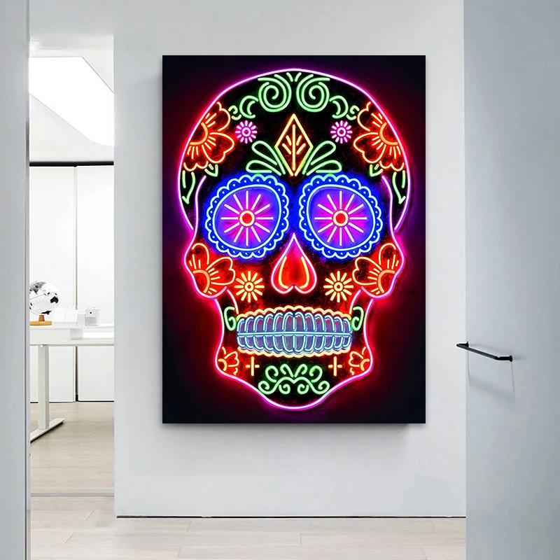 Neon Effect Skull Posters and Prints Modern Painting Wall Art Pictures for Living Room Game Room Home Decoration Gifts