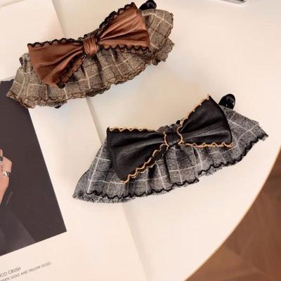 Vintage Plaid Bow Hair Claw Clips Women'S Trendy Hair Accessories Leather Bow Ruffle Design Grid Pattern Banana Clip Headdress