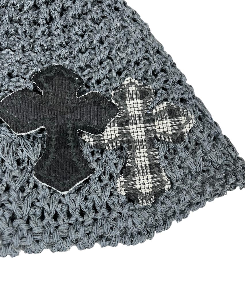 SK8ER ROCK Cross Knit Bucket Hat ((Gray))