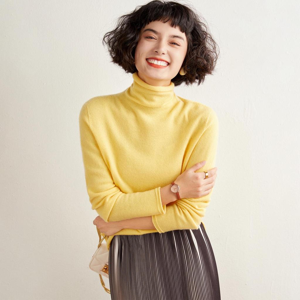 Women's Solid Color Cashmere High Neck Sweater - Loose Knit, Seamless Wool Base Layer