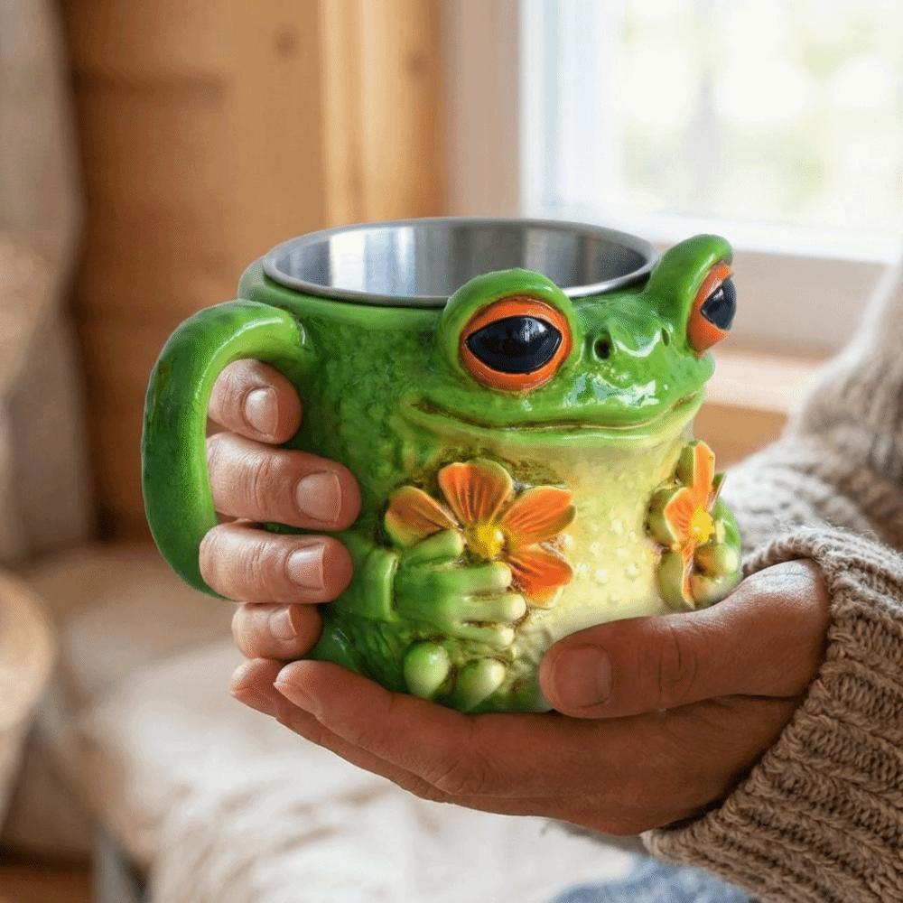 Resin Frog-Shaped Coffee Cup Anti Slip Cartoon Water Cup Safe Frog Floral Pattern Mug Juice
