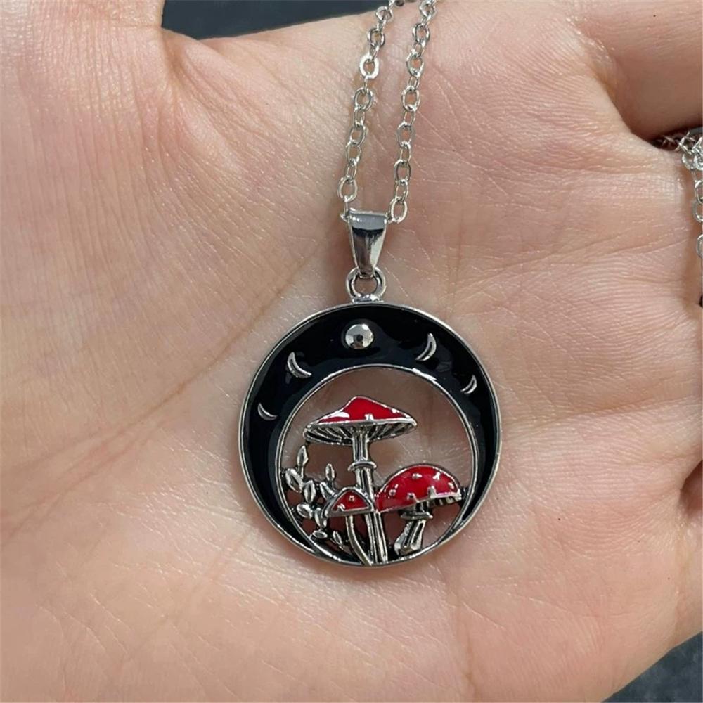 Charm Female Moon Mushroom Pendant Necklace Vintage Silver Color Wedding  For Women