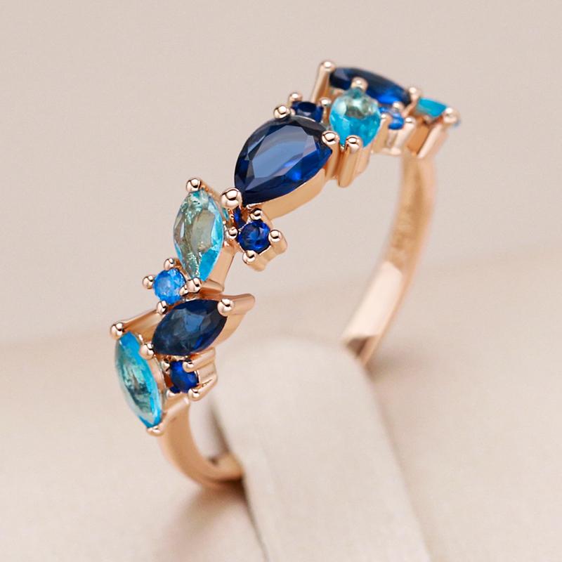 New  Rose Gold Color Ring For Women Luxury Blue Natural Zircon Leaf Ethnic Wedding Jewelry Daily Party Accessories