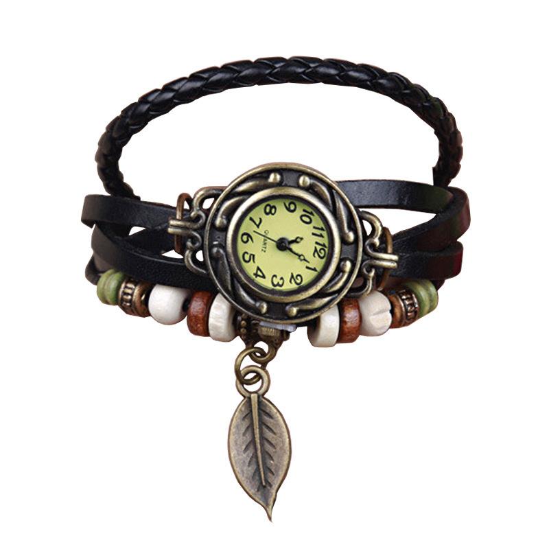 Vintage Blattuhr, Handgeflochtene Bronze Vielseitige Vintage Leder Damen Armbanduhr 795