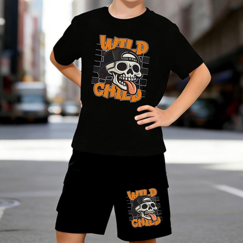 

Boys 2 Piece Skull-themed print outfit, Short Sleeve T-Shirt and Shorts Set for Kids Age 5-14,Black ,White Sporty Casual Summer Clothes 5-6 Years чёрный
