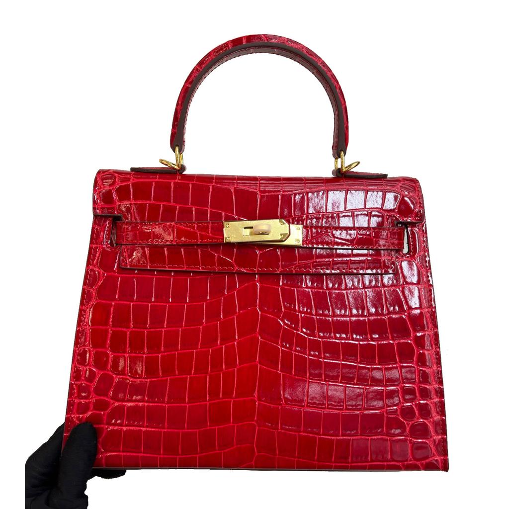 New First-layer Cowhide High-gloss Crocodile Pattern, Bag Gold Buckle Belly Handbag Atmospheric Fashion Leather Shoulder Bag