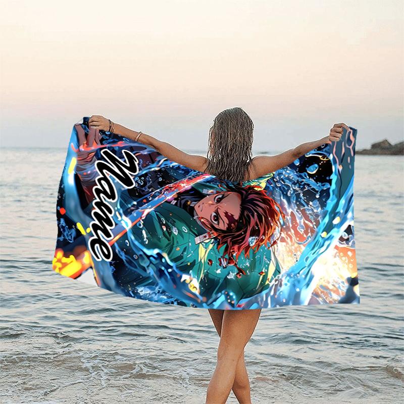 1pc Demon Slayer1 Beach Towel with Custom Name, Beach/Swimming/Bath/Picnic/Camping Towel, Suitable for Seaside Beaches