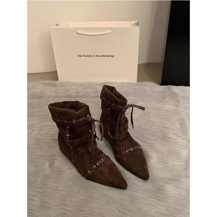 Folded pointed short boots women's flat bottom straps 2025 summer and autumn new retro niche Maillard western cowboy boots