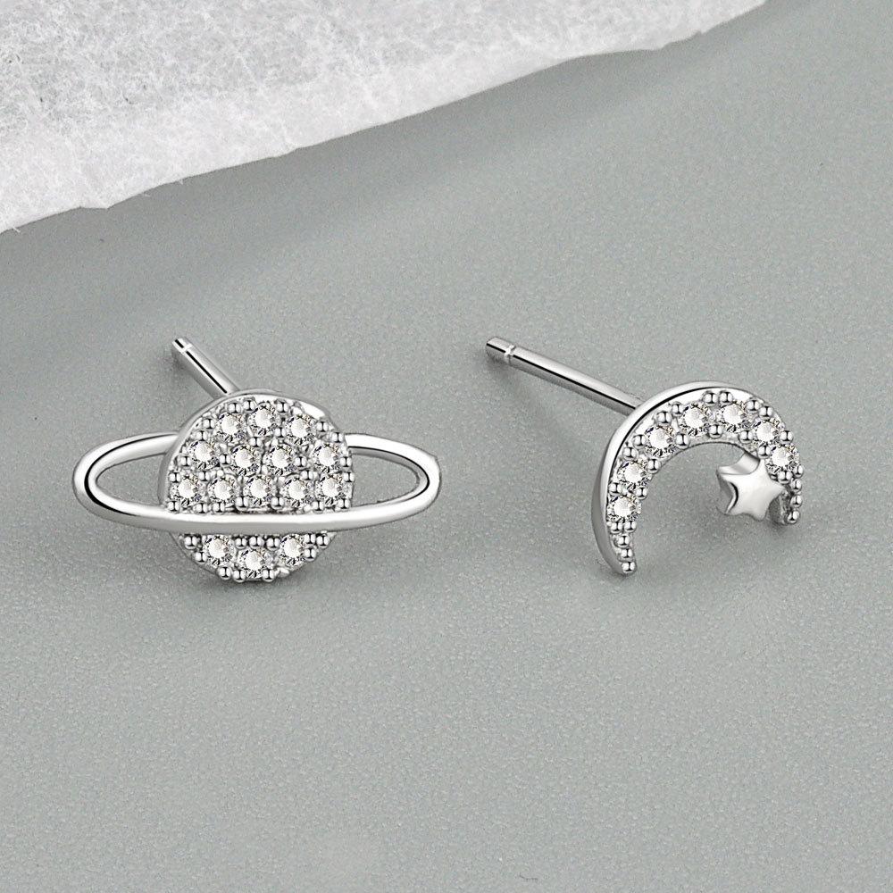 Niche Asymmetric Moon And Planet Stud Earrings For Women Elegant Personality Versatile Ear Jewelry