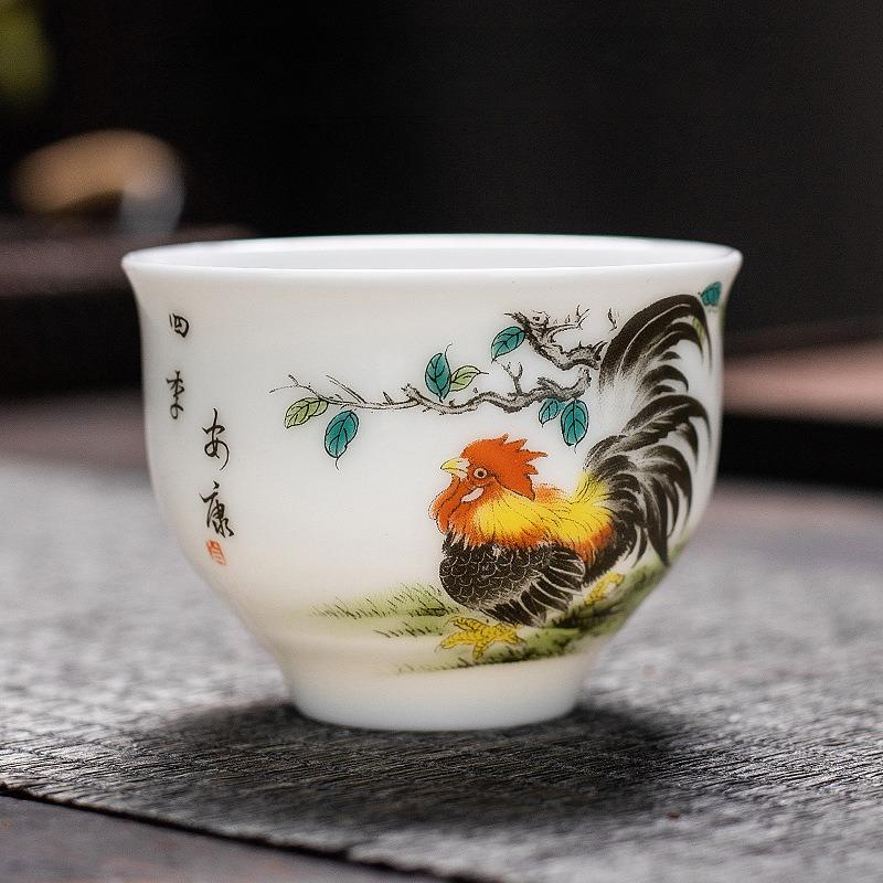 

Cylinder Cup Chicken Ceramic Chinese Tea Cup Sheep Fat Jade Rooster Tea Cup Kung Fu Tea Ceremony Accessories Drinking Utensils 7.5x5.5cm 120ml