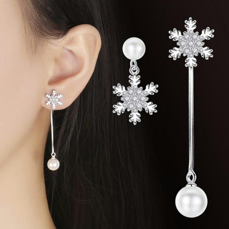 Elegant Asymmetric Pearl Dangle Earrings Crystal Snowflake Drop Earrings for Women Party Jewelry Christmas Gift