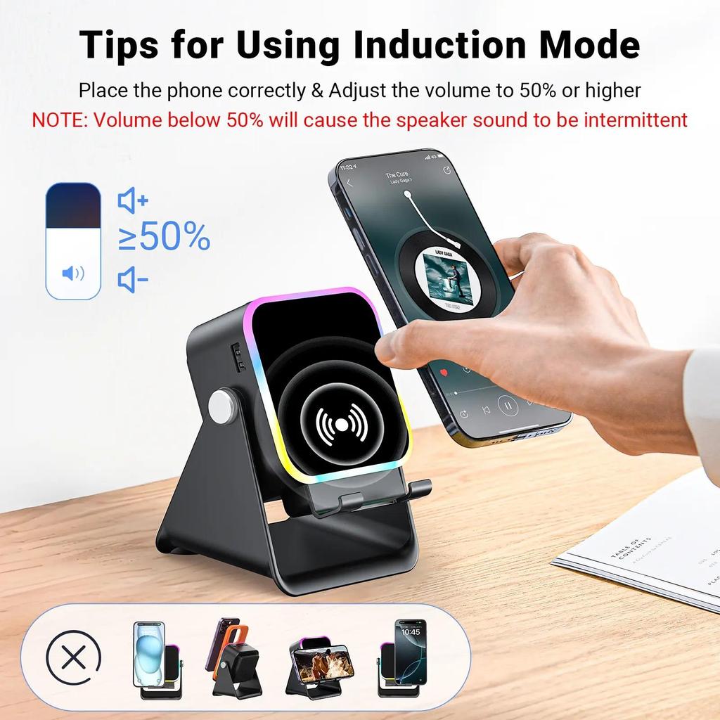 Wireless Induction Audio Speaker Stand, 5in1 Cellphone Holder, 3500mAh Rechargeable Emergency Power Bank