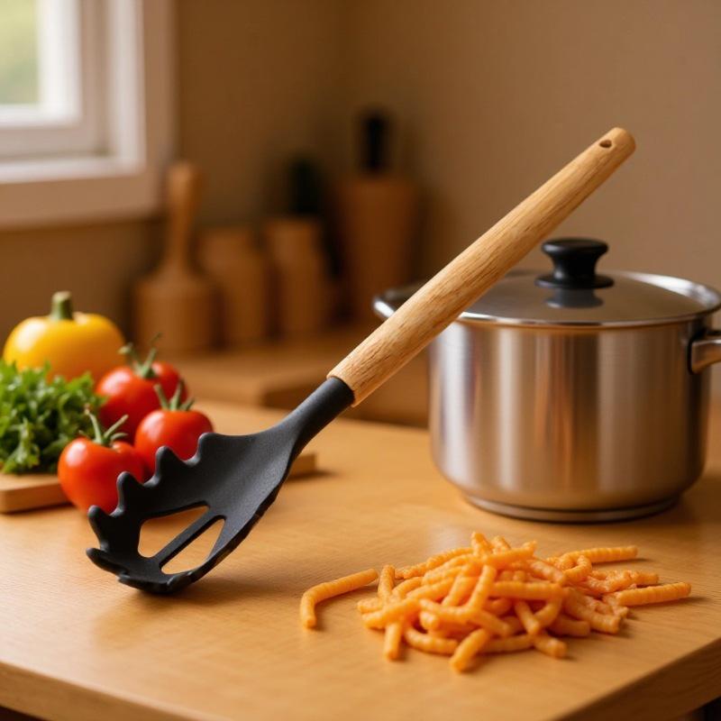 

Non-Stick Silicone Kitchen Utensil Set with Wooden Handles and Storage Bucket Off-White Flour Grab