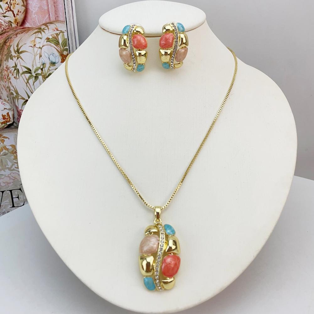 Multi Color Resin Gem Wrapped Metal Jewelry Set Women Necklace Earring Retro Luxury Accessory KY25173