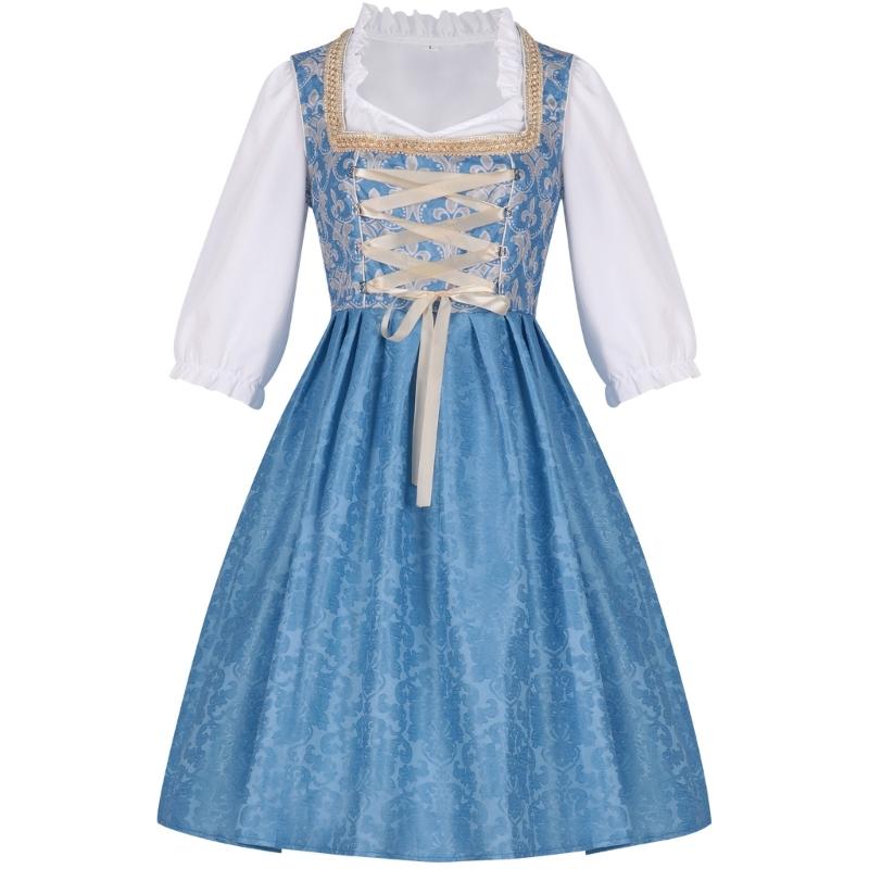 

Traditional Bavarian Beer Festival Maid Dress With Lace Apron Square Neck Bavarian Costume Top For Oktoberfest Cosplay L синій