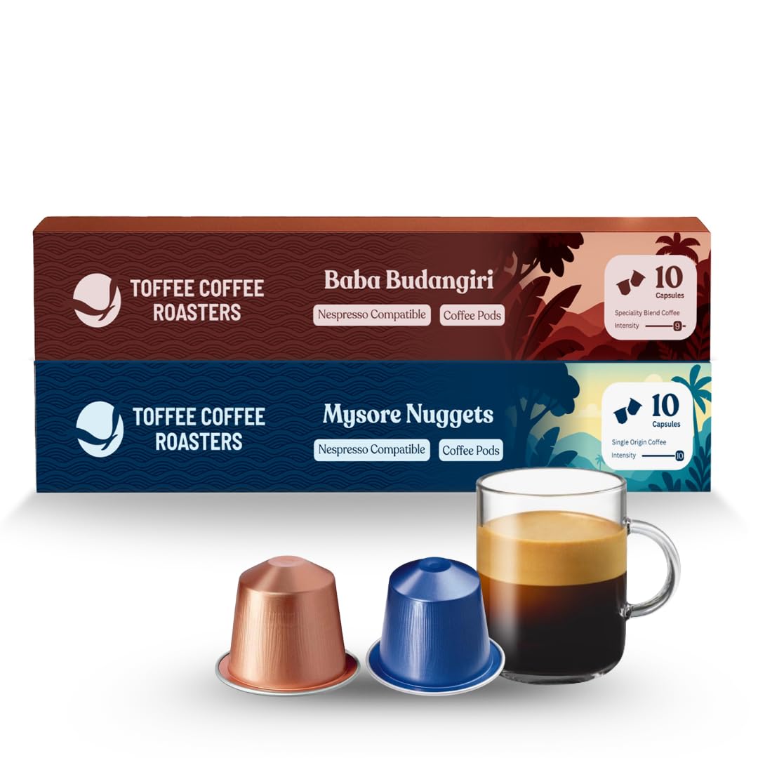 Toffee Coffee Roasters | Variety Pack Coffee Pods - 20 Aluminium Coffee Capsules | Baba Budangiri & Mysore Nuggets | Nespresso Compatible |