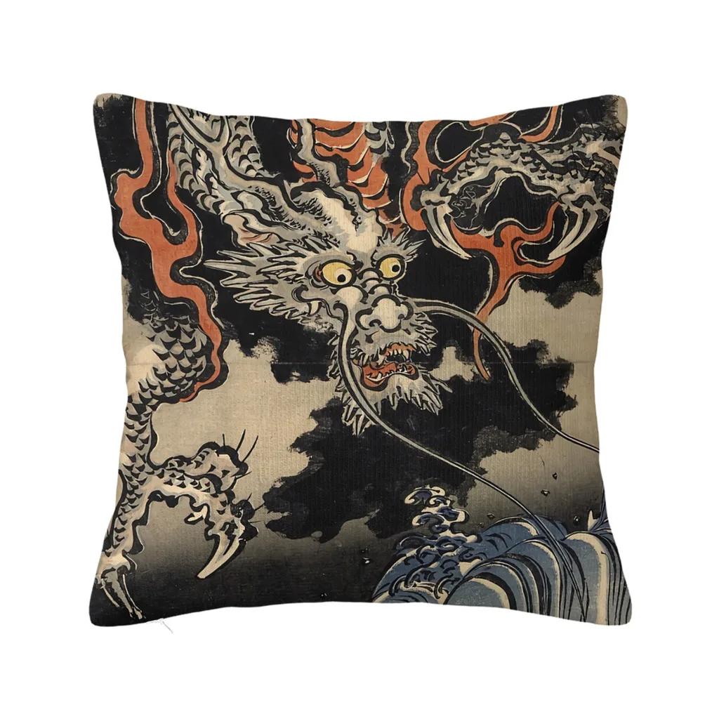 Utagawa Kuniyoshi Dragon and Waves Japanese Style Art Polyester Cushion Cover For Sofa Car Decorative Kawaii